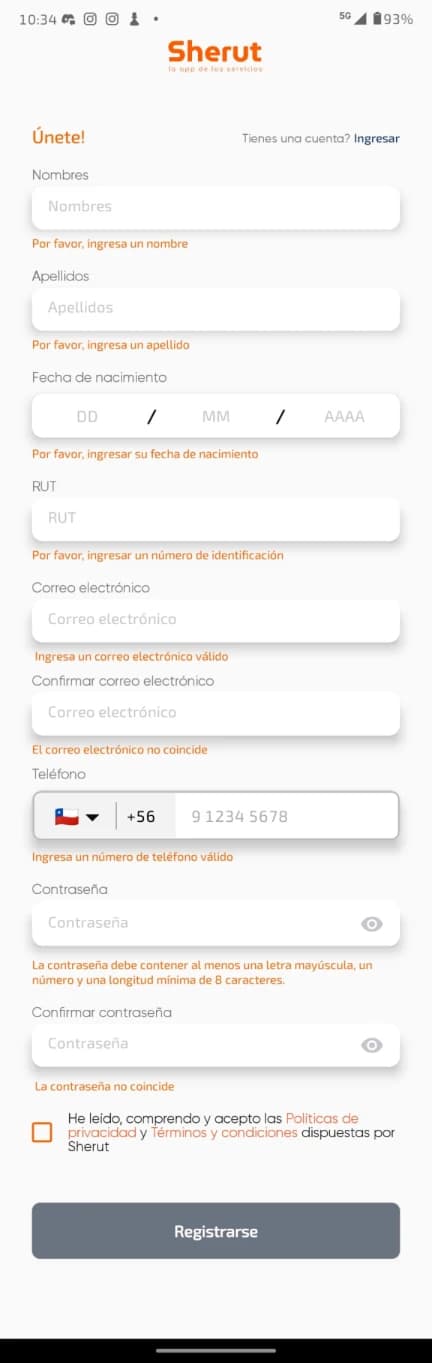 Registro anterior de Sherut: formulario completo con datos personales, contacto, contraseñas y errores simultáneos
