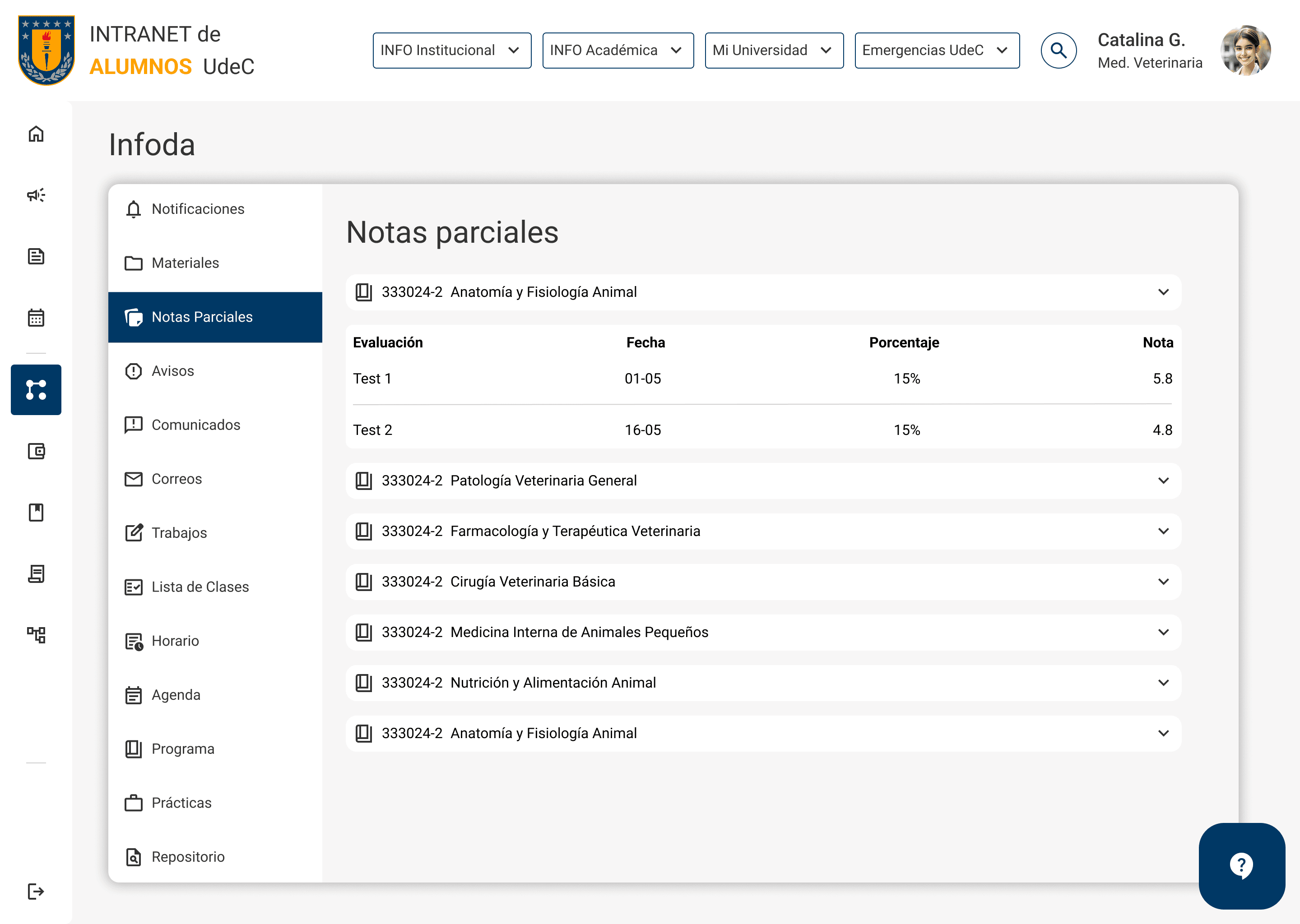 Módulo de notas parciales de INFODA organizado por asignaturas desplegables