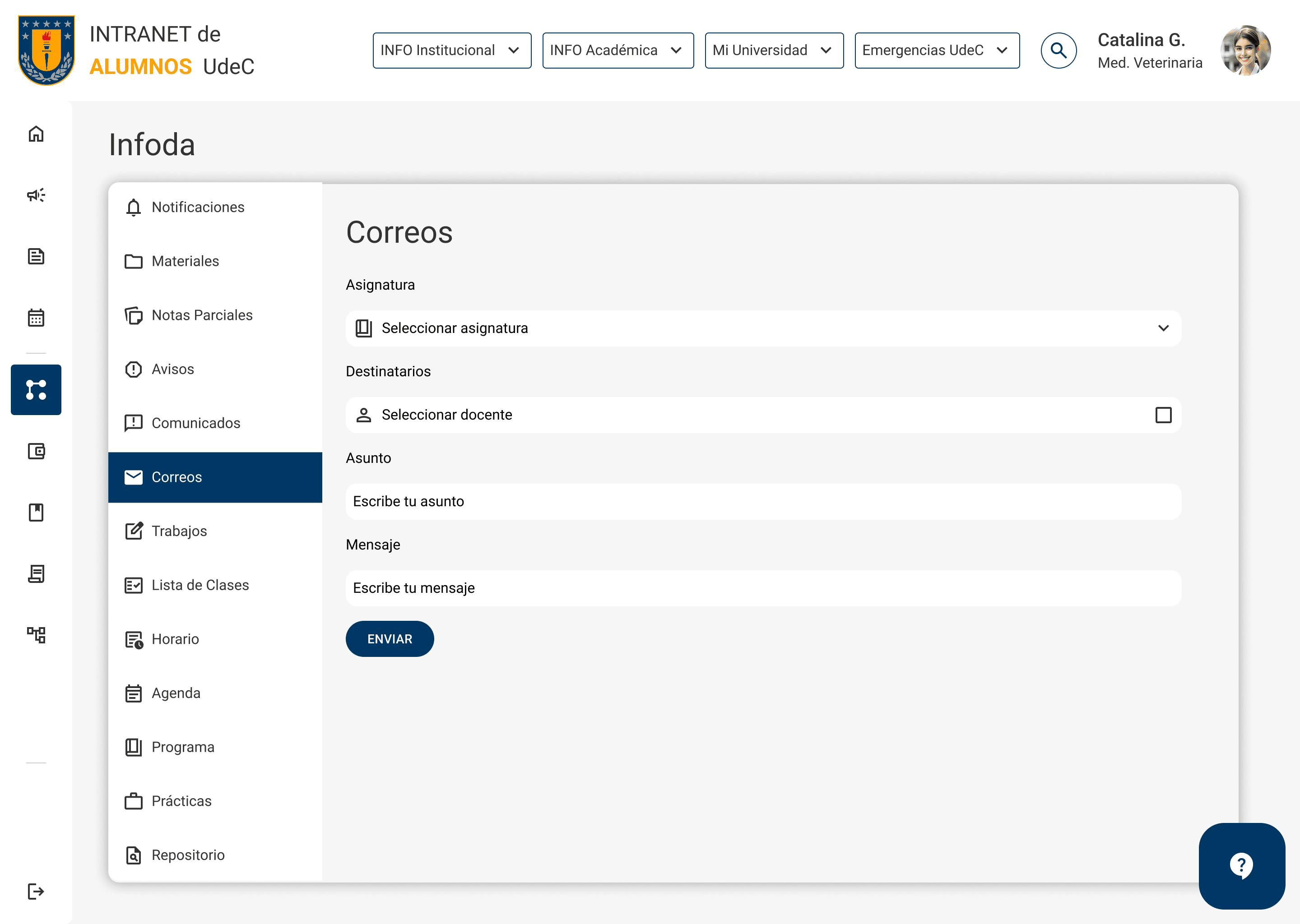 Formulario de correos de INFODA para seleccionar asignatura, docente y redactar un mensaje
