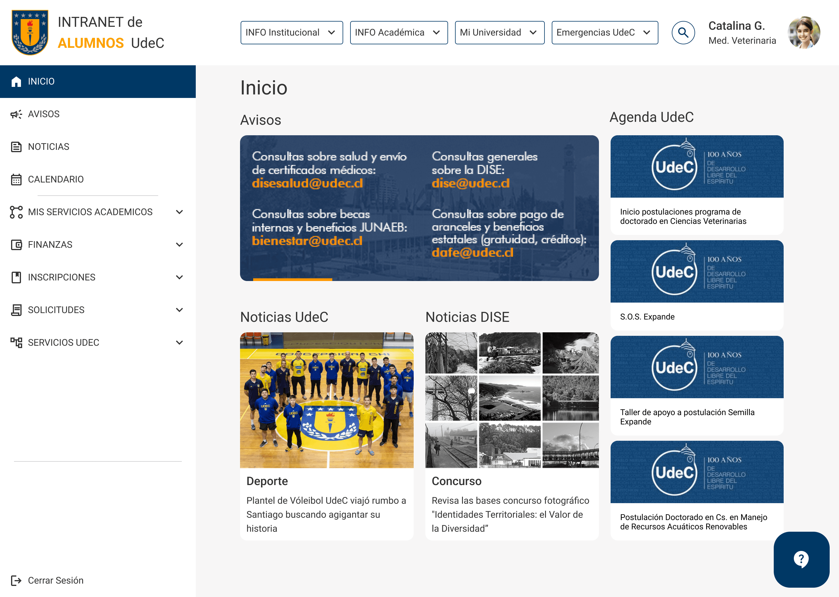 Pantalla de inicio de la Intranet UdeC rediseñada con avisos, noticias y agenda universitaria