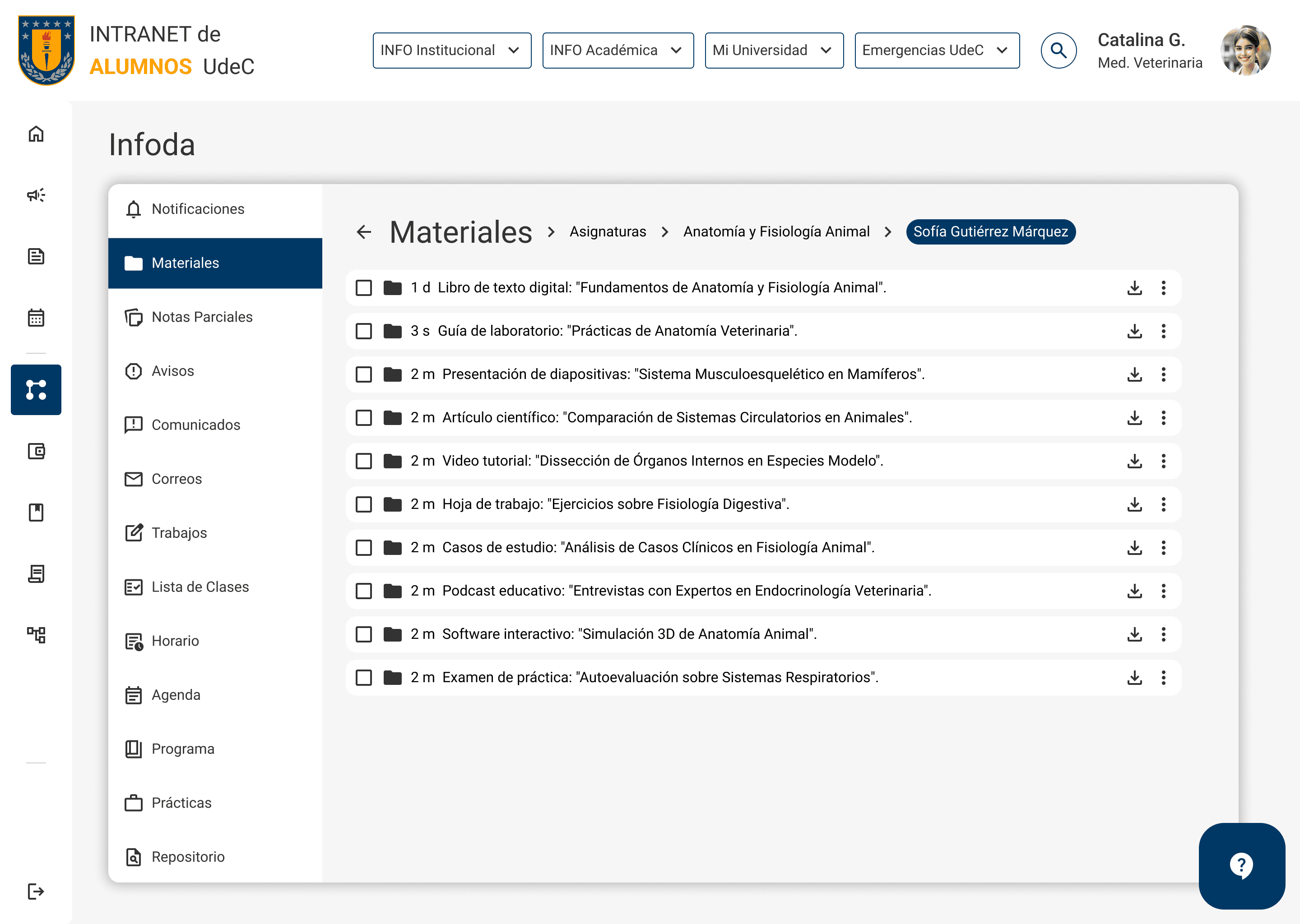 Módulo de materiales de INFODA con navegación por asignatura y recursos descargables