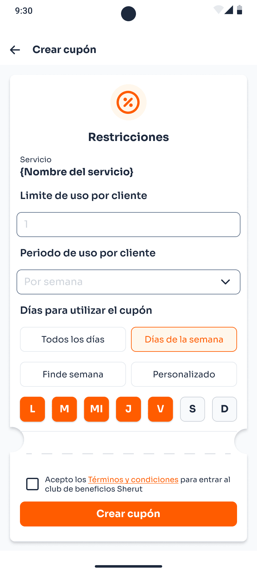 Configuración de límites y periodo de uso de un cupón