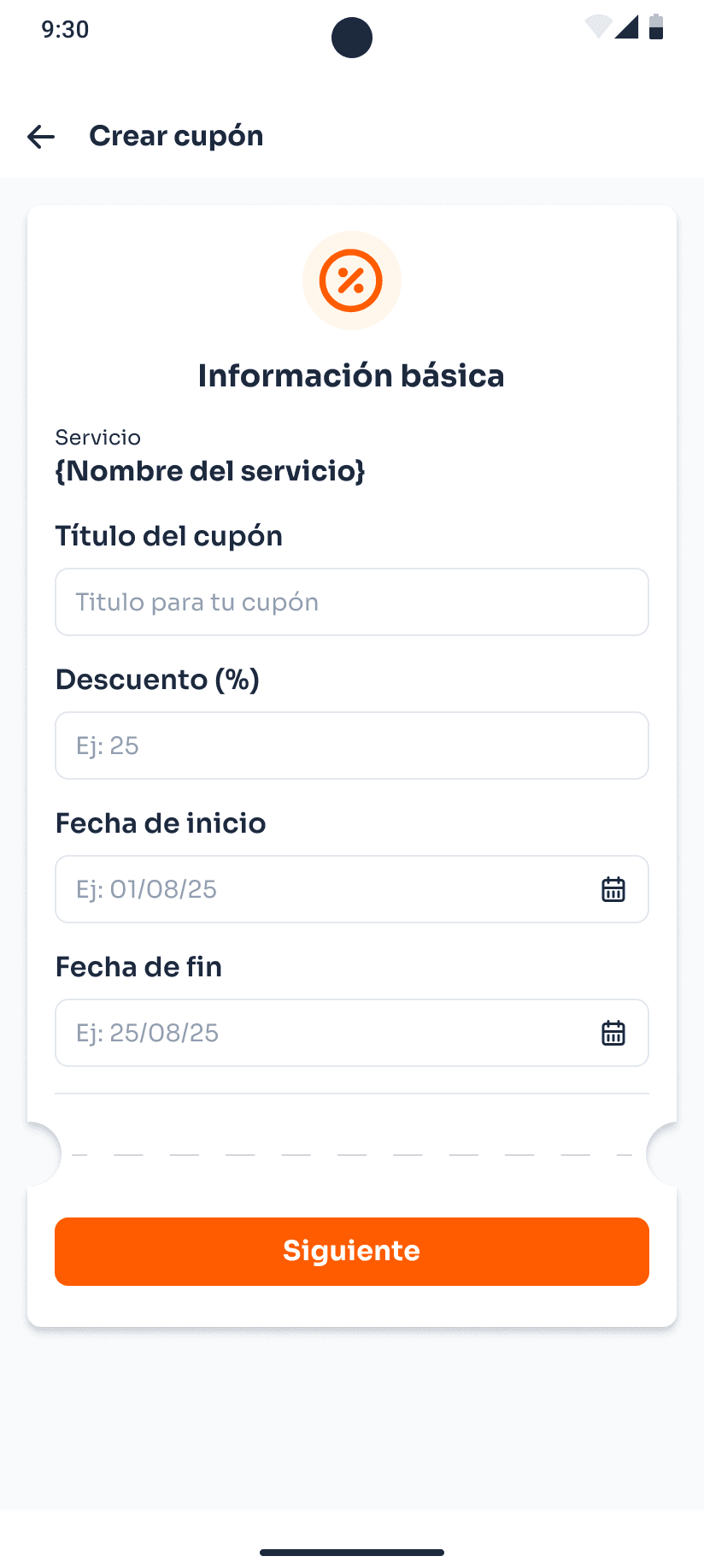 Formulario con la información básica para crear un cupón