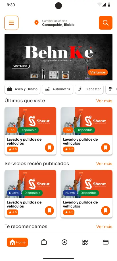 Exploración de servicios en la aplicación móvil Sherut