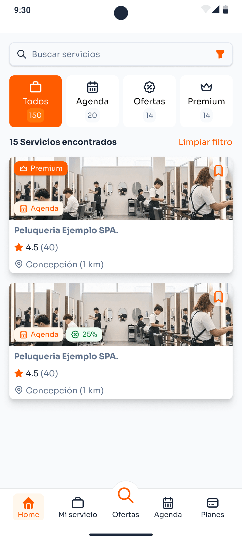 Resultados de búsqueda del marketplace Sherut con filtros y tarjetas de servicios