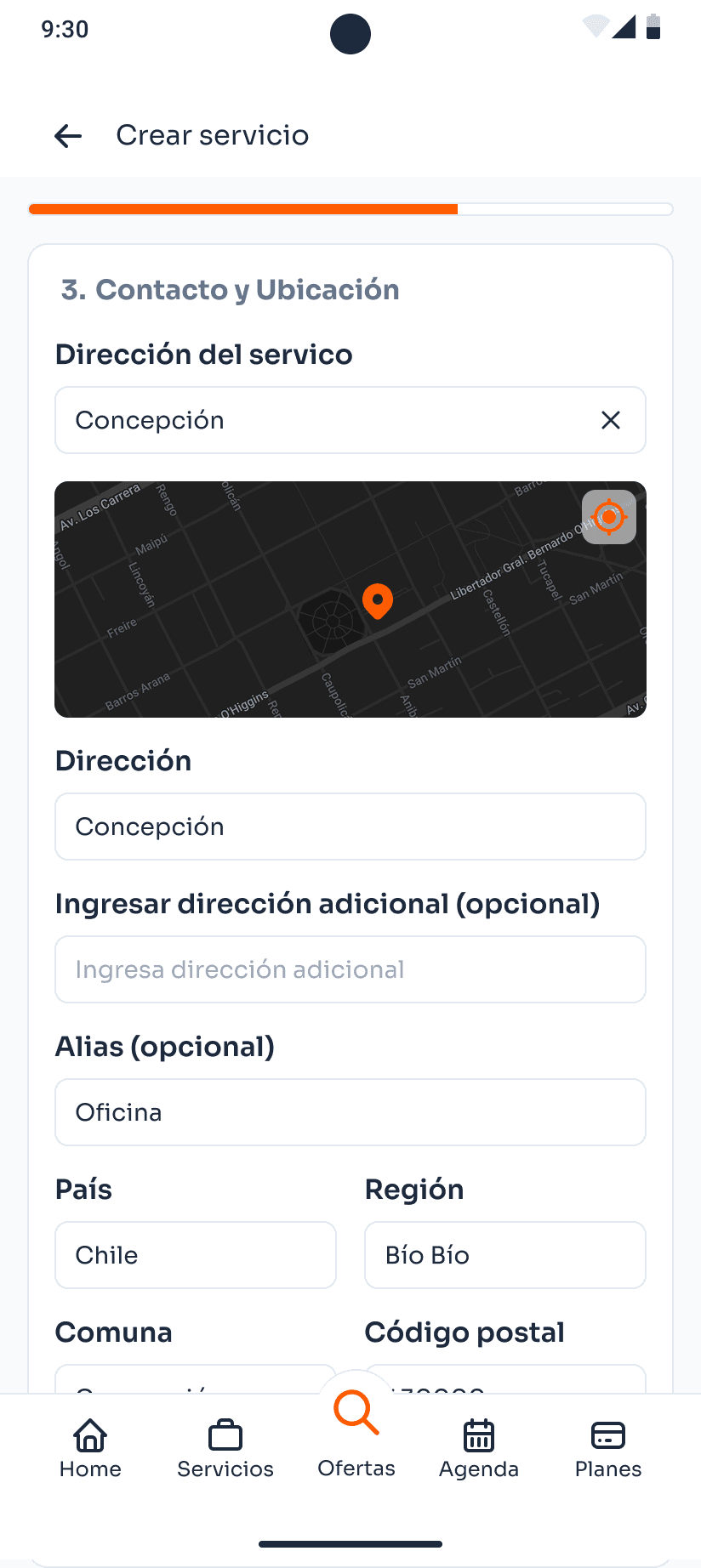 Formulario de dirección y ubicación del servicio