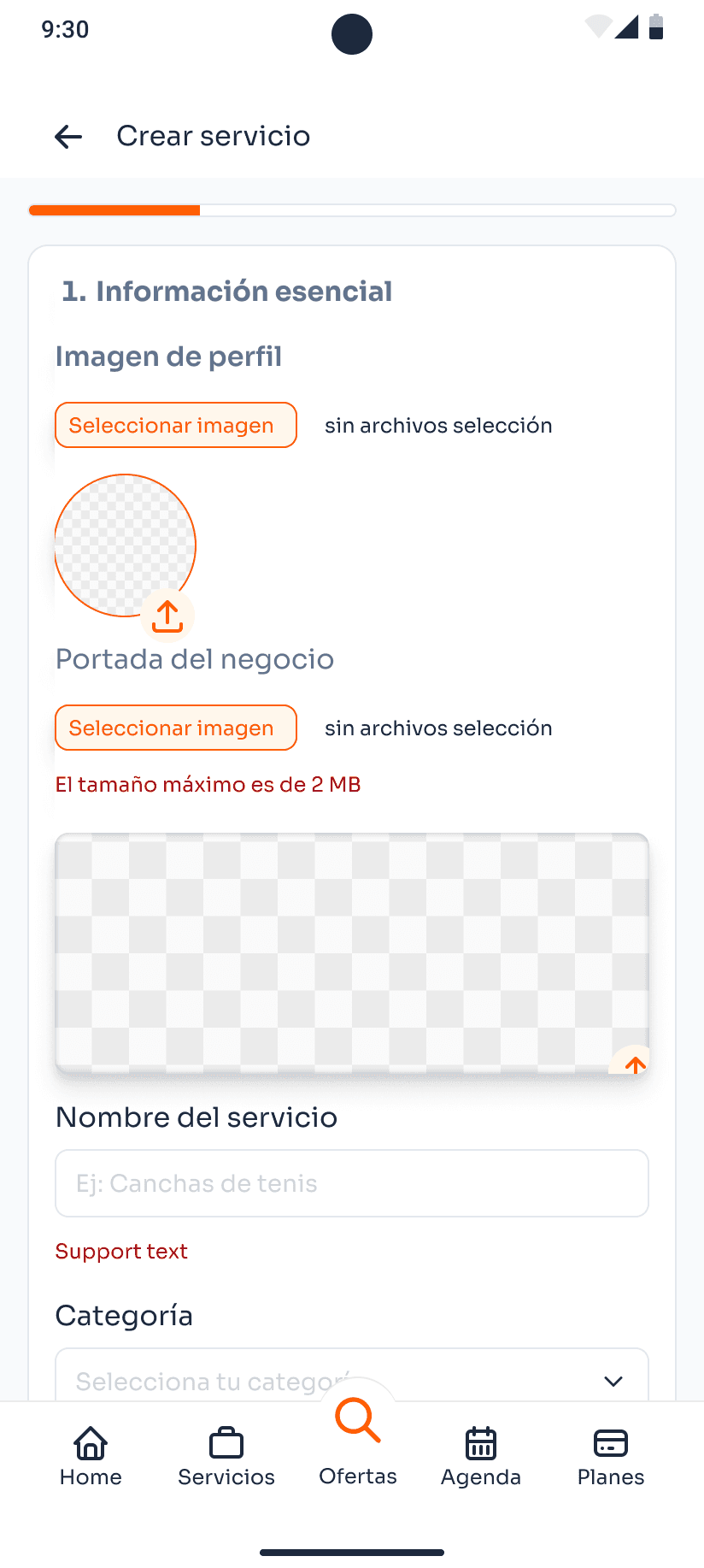 Formulario inicial para crear un servicio en Sherut