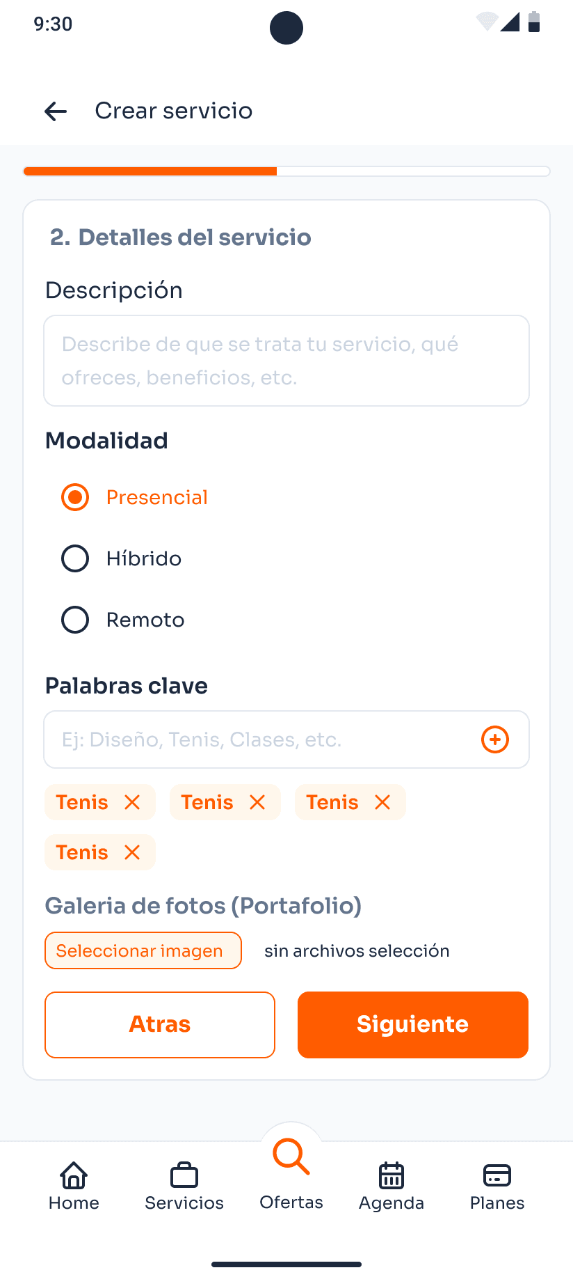 Configuración de modalidad, palabras clave y galería del servicio