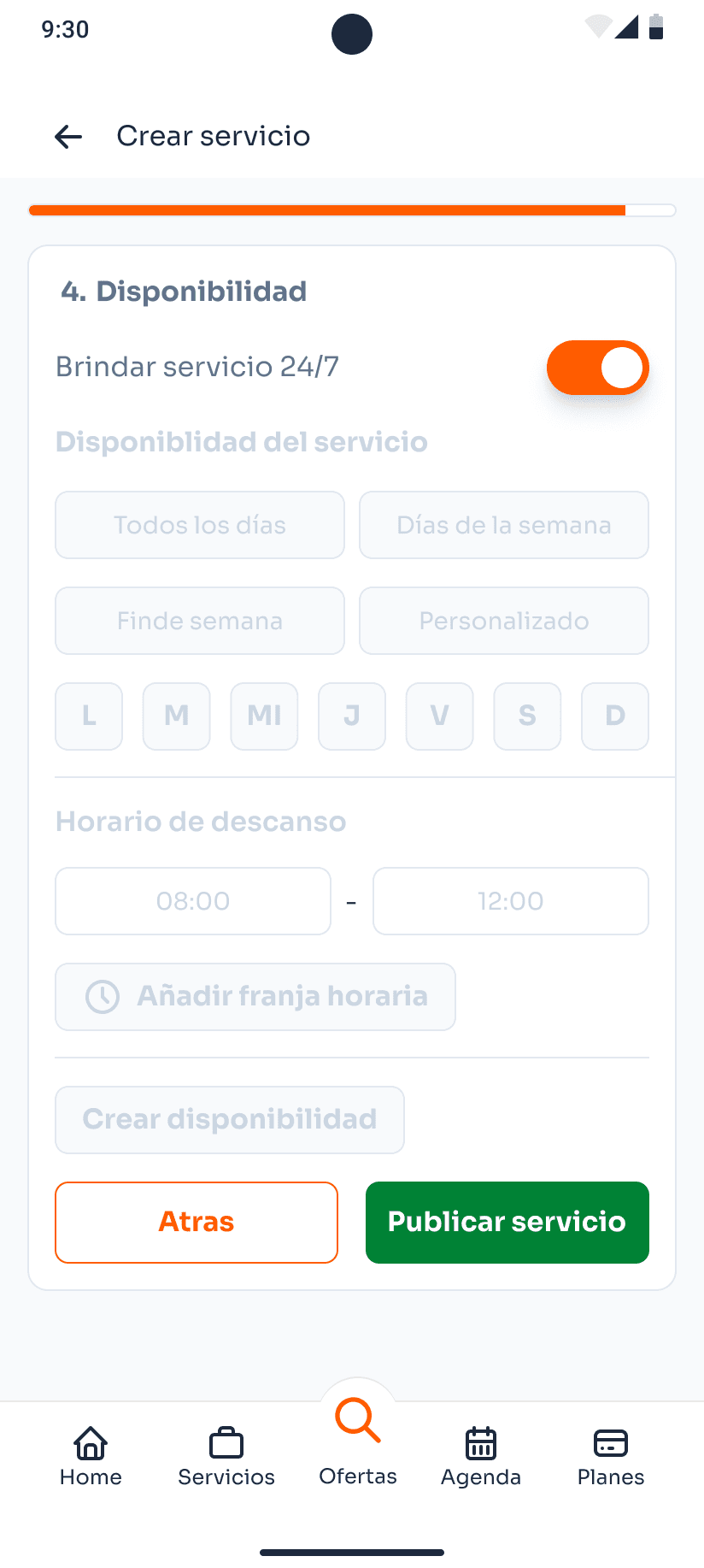 Configuración de un servicio disponible las veinticuatro horas