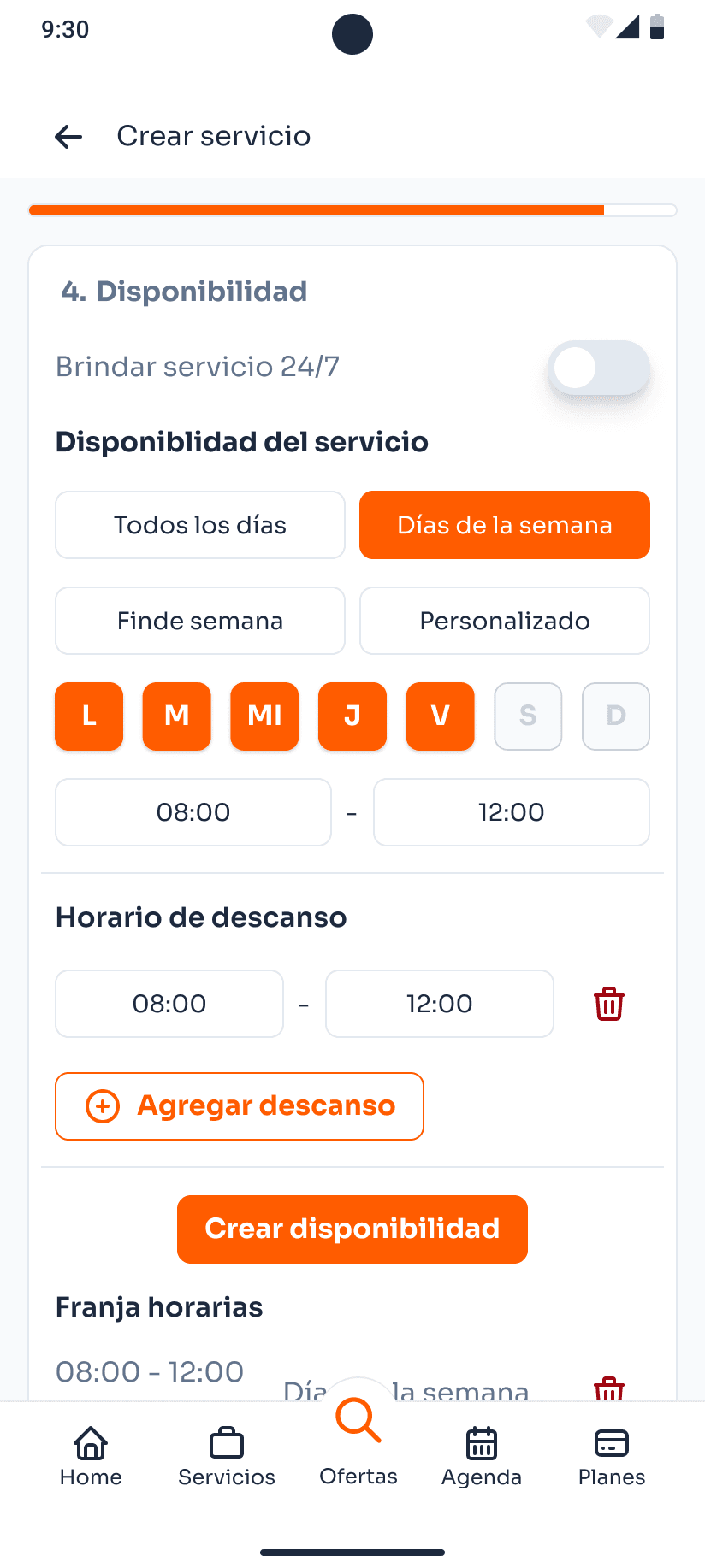 Configuración semanal de disponibilidad y horarios de descanso